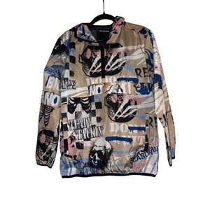 REASON Graffiti Skull Print Anorak Jacket Lightweight Hooded Pullover Size S